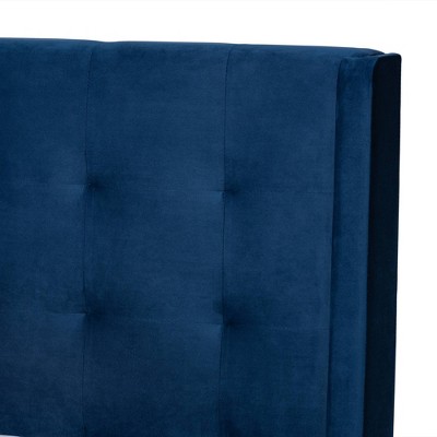 Queen Navy Velvet Upholstered Wood Platform Bed with Tufted Headboard