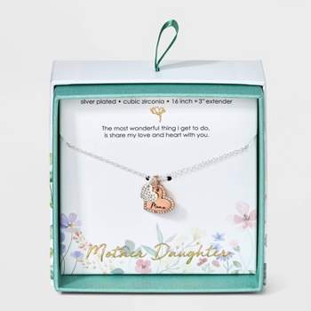 Silver Plated Two Tone "Mama" Cubic Zirconia Double Heart Pendant Necklace - Silver/Rose Gold