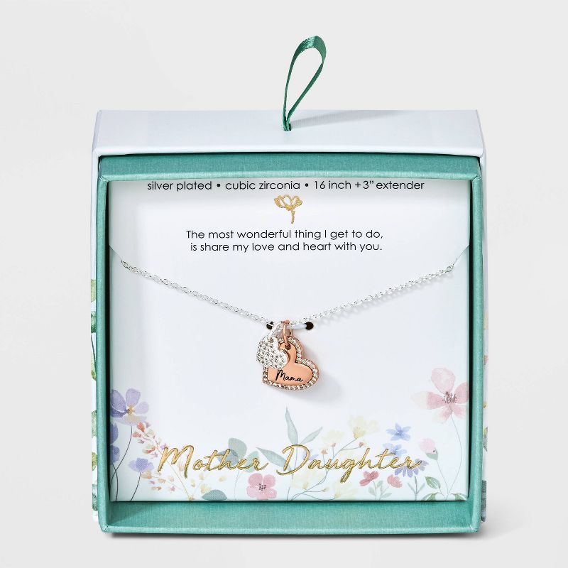 Silver Plated Two Tone &#34;Mama&#34; Cubic Zirconia Double Heart Pendant Necklace - Silver/Rose Gold, 1 of 5
