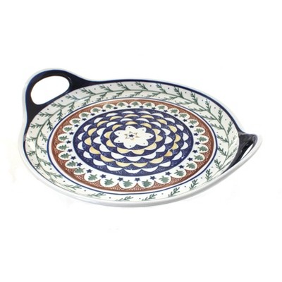 Blue Rose Polish Pottery Evergreen Round Tray with Handles