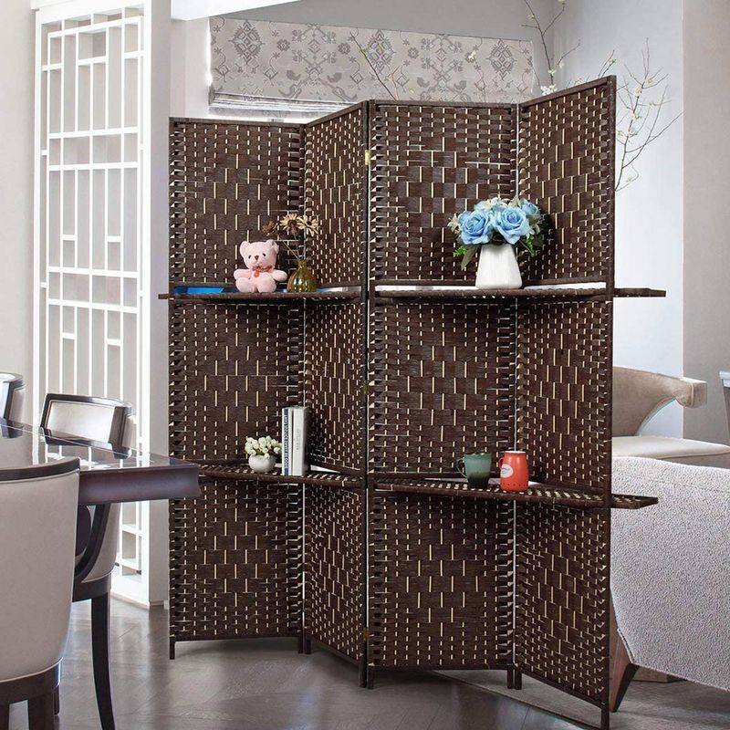 4 Panel Paper Straw Weave Screen with 63" L Shelving - Ore International, 5 of 7