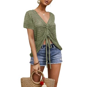 Imily Bela Women's Crochet Short Sleeve Top Drawstring Shirt Lace-Up Beach Top - 1 of 4