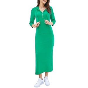Coolmee Women Casual Maxi Dress Quarter-Zip Neck 3/4 Sleeve Slim Slit Pullover Hoodie Long Dress with Front Pocket - 1 of 4
