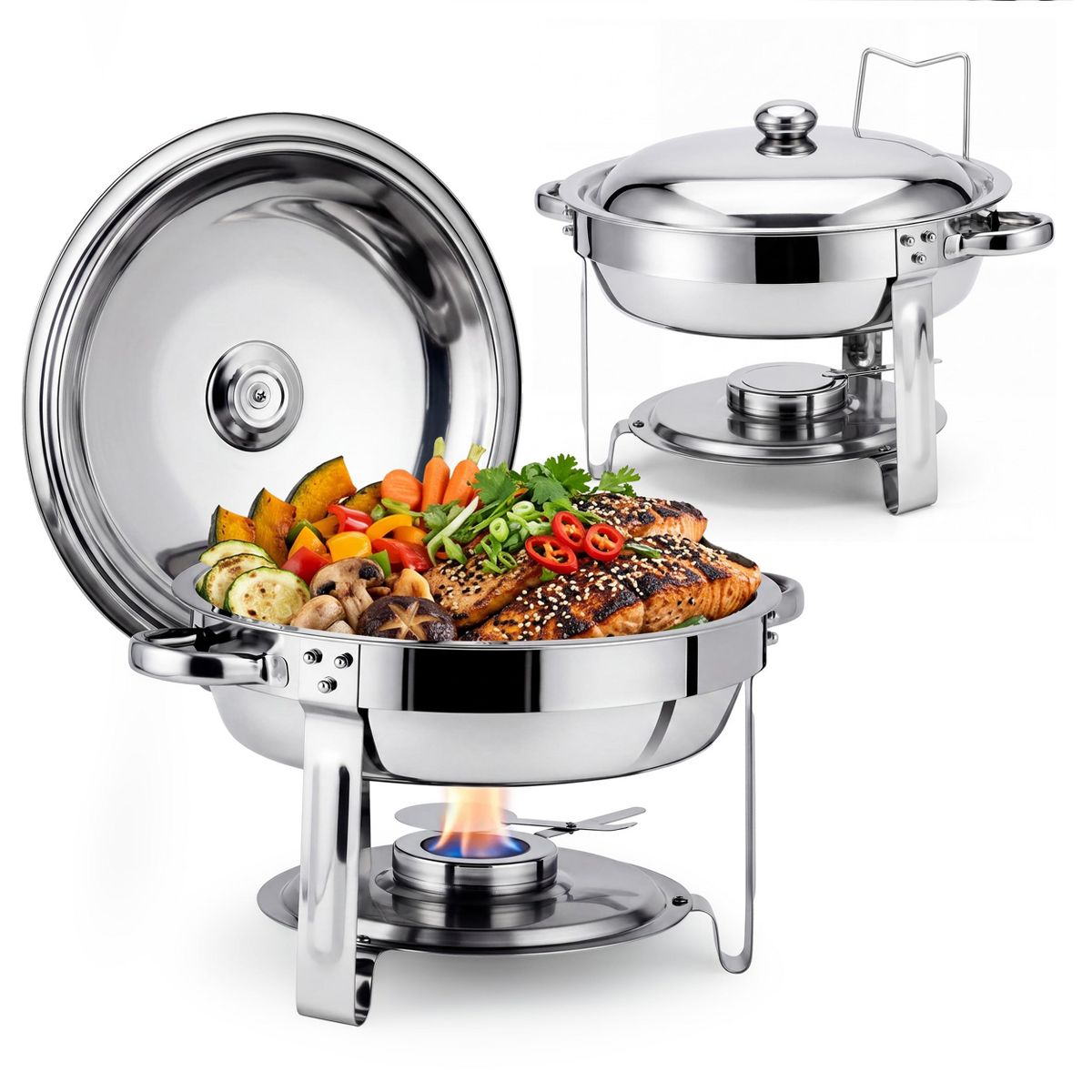 2-Pack Round Chafing Dish Buffet Set, Stackable Stainless Steel Food Warmer with Lid & Water Pan for Catering, Weddings, Parties, Hot & Cold