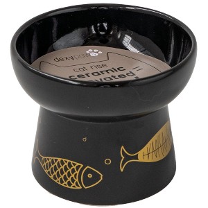 Dexypaws: Elevated Ceramic Cat Bowl, Black & Gold Fish, 7oz, Pet Feeding Dish - 1 of 4