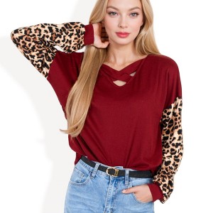 Anna-Kaci Women's Crisscross V-Neck Top with Leopard Print Long Sleeves and Relaxed Fit - 1 of 4