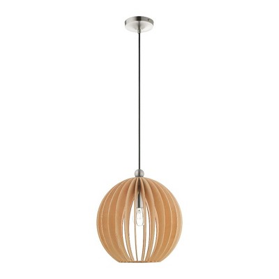 Mini Globe Brushed Nickel Pendant with Round Wood Shade