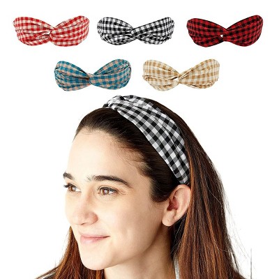 Glamlily 10 Pack Criss Cross Plaid Elastic Headbands for Women Hair Accessories, 5 Colors, 9 in