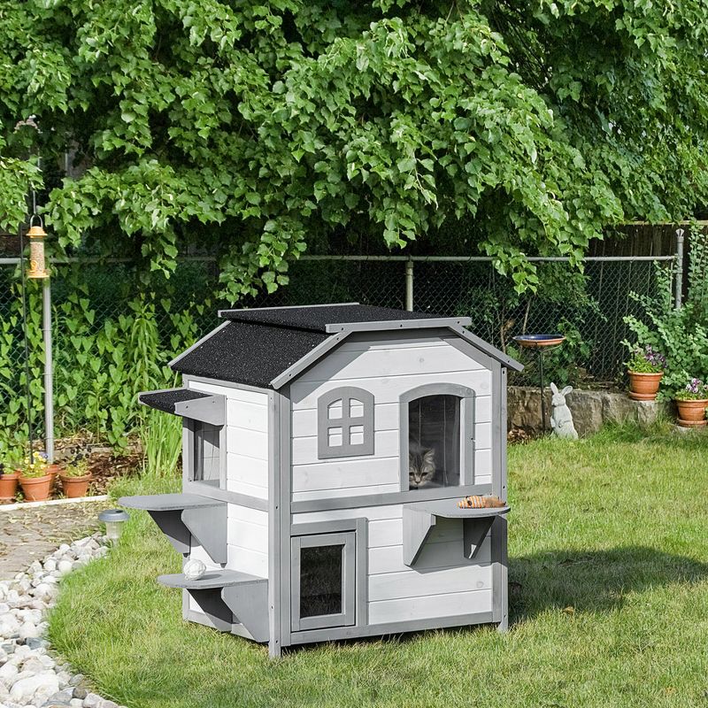 PawHut Wooden 2-Story Outdoor Cat House, Feral Cat Shelter Kitten Condo with Escape Door, Openable Asphalt Roof and 4 Platforms, 4 of 8