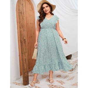Womens Plus Size Casual Sleeveless Maxi Dress Ruffle Sleeve A Line Swing Summer Maxi Dress with Pockets - 1 of 4