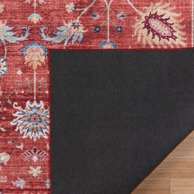 Crystal Print Red and Cream Floral Washable Area Rug