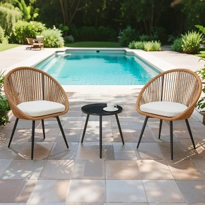 3 Piece Modern Outdoor Garden Bistro Set,Metal Patio Tea Table Set,Outdoor Round Coffee Table and 2 Swivel Rattan Chairs Set-Coolbibila