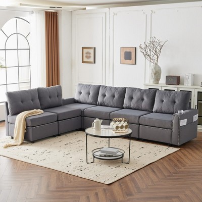 SKRAN 6 Seats Oversized Modular Couch with Storage Space,Sectional Couches for Apartment, Living Room Velvet Sofa 114 Inches,(Dark Gray)