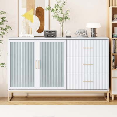 Queen Size Murphy Bed with Frosted Glass Doors Design, Fake Drawers and Metal Legs, White/Gray/Black-ModernLuxe