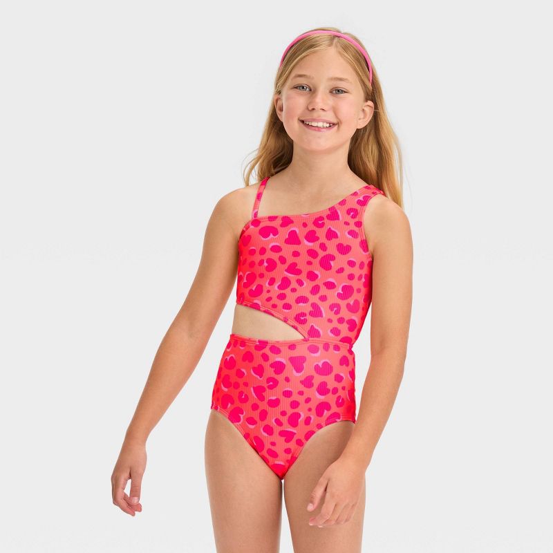 Girls' Leopard Spot Printed One Piece Swimsuit Set - Cat & Jack™ Pink, 3 of 6