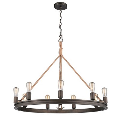 Rustic Gunmetal Bronze 9-Light Chandelier with Nautical Rope