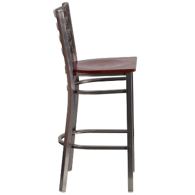 Mahogany Wood and Silver Metal Ladder Back Barstool