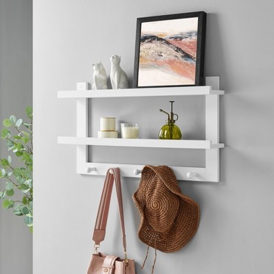 White MDF Two-Tier Floating Wall Shelf with Hooks