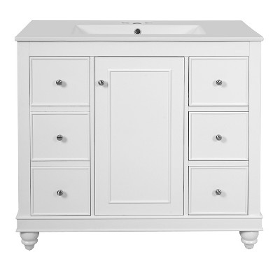 Vynxaria 36-Inch Modern Bathroom Vanity - Ceramic Sink, 4 Drawers, 1 Soft-Close Door, White