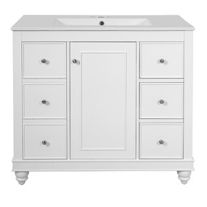 Vynxaria 36-Inch Modern Bathroom Vanity - Ceramic Sink, 4 Drawers, 1 Soft-Close Door, White - 1 of 4