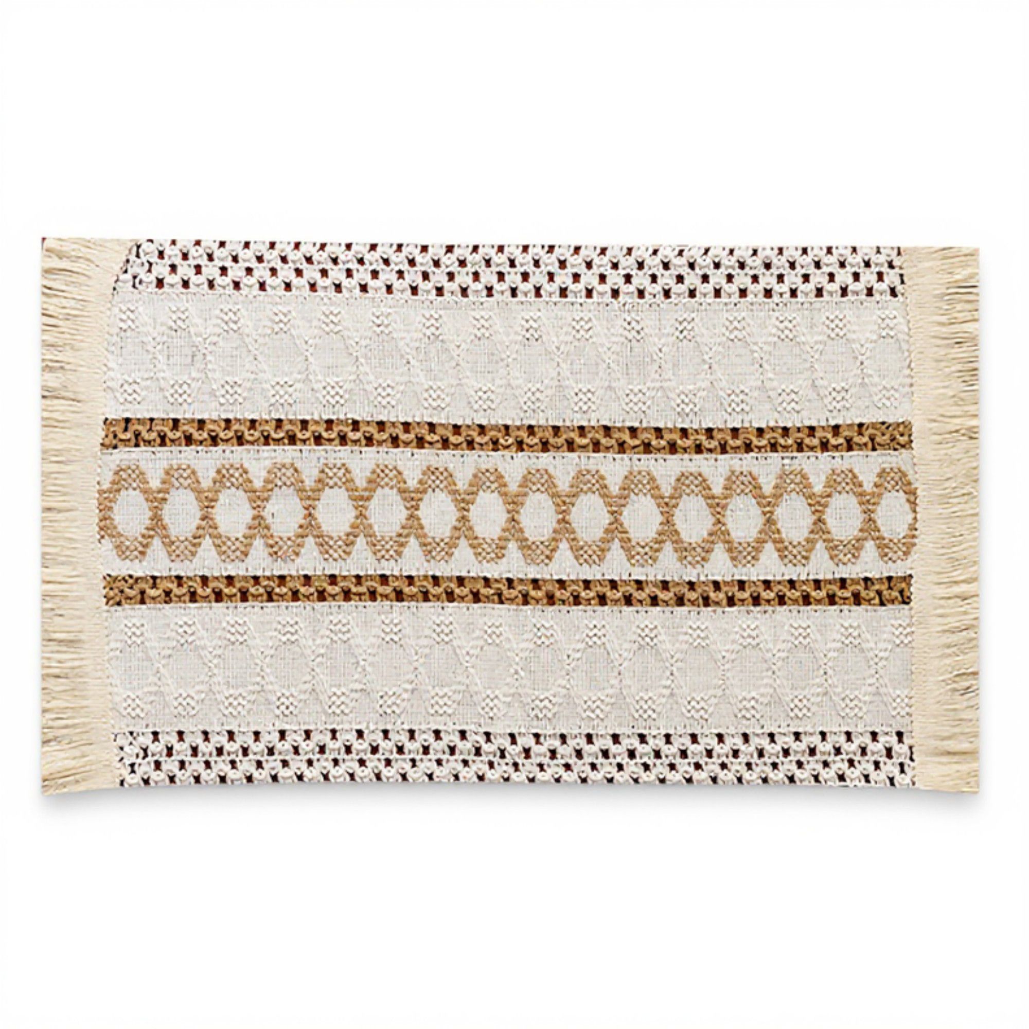 Alilang 4 Set Woven Rectangular Placemats with Textured Stripes and Fringe Edges 11.8x19.5 in - Beige