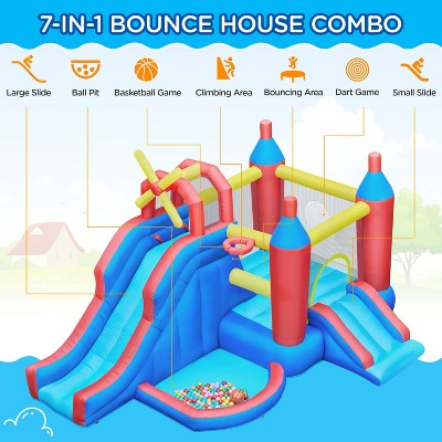 Blue and Red Inflatable Bounce House with Slide and Ball Pit