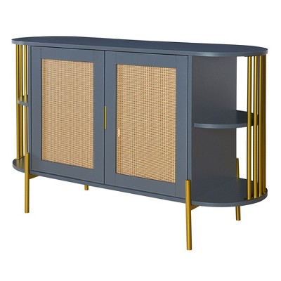 NicBex 47.2 Inch 2-Door Curved Storage Cabinet with Gold Trim and Woven Rattan Doors for Living Room,Kitchen,Hallway