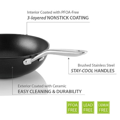 12-Inch Black Aluminum Nonstick Wok with Stainless Steel Handle