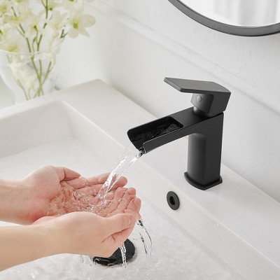 Matte Black Single-Handle Waterfall Bathroom Faucet with Drain Assembly