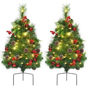 Costway Set of 2 Pre-lit Christmas Trees 24in Battery Powered Pathway Outdoor Decoration - 1 of 4