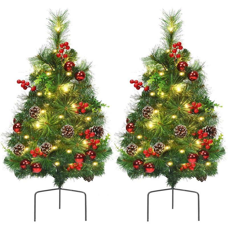 Costway Set of 2 Pre-lit Christmas Trees 24in Battery Powered Pathway Outdoor Decoration, 1 of 11
