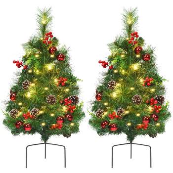 Costway Set of 2 Pre-lit Christmas Trees 24in Battery Powered Pathway Outdoor Decoration
