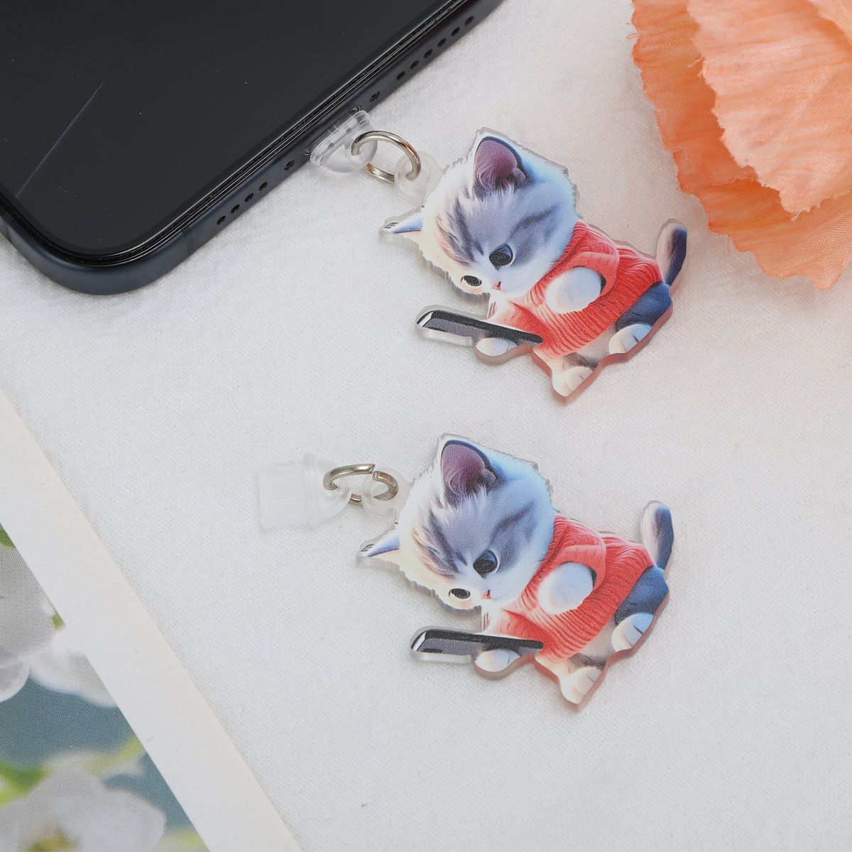 Unique Bargains Cat Pendants Dust Plug Charm for Type-C Orange Pink Light Gray 2 Pcs - thumbnail 3