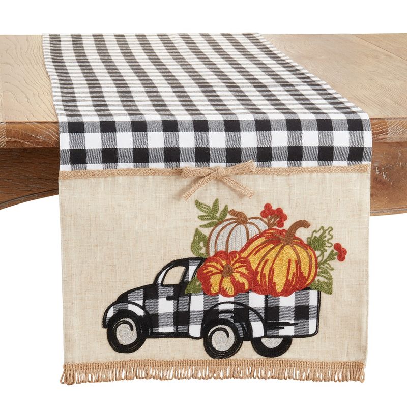 Saro Lifestyle Plaid Truck With Pumpkins Dining Table Runner, Black, 16" x 70", 1 of 4