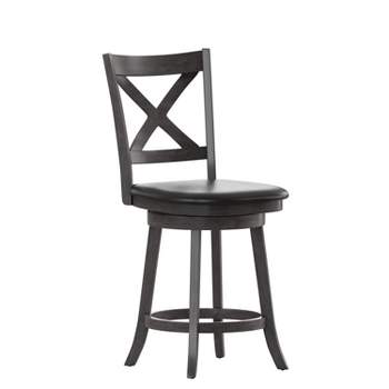 Merrick Lane 24" Classic Wooden Crossback Swivel Counter Height Pub Stool with Upholstered Padded Seat and Integrated Footrest