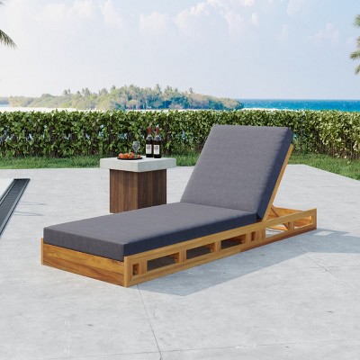 Chaise Lounge Chair Wood Frame with Adjustable Backrest, Outdoor Lounge Chairs with 4 Inch Cushion-Maison Boucle