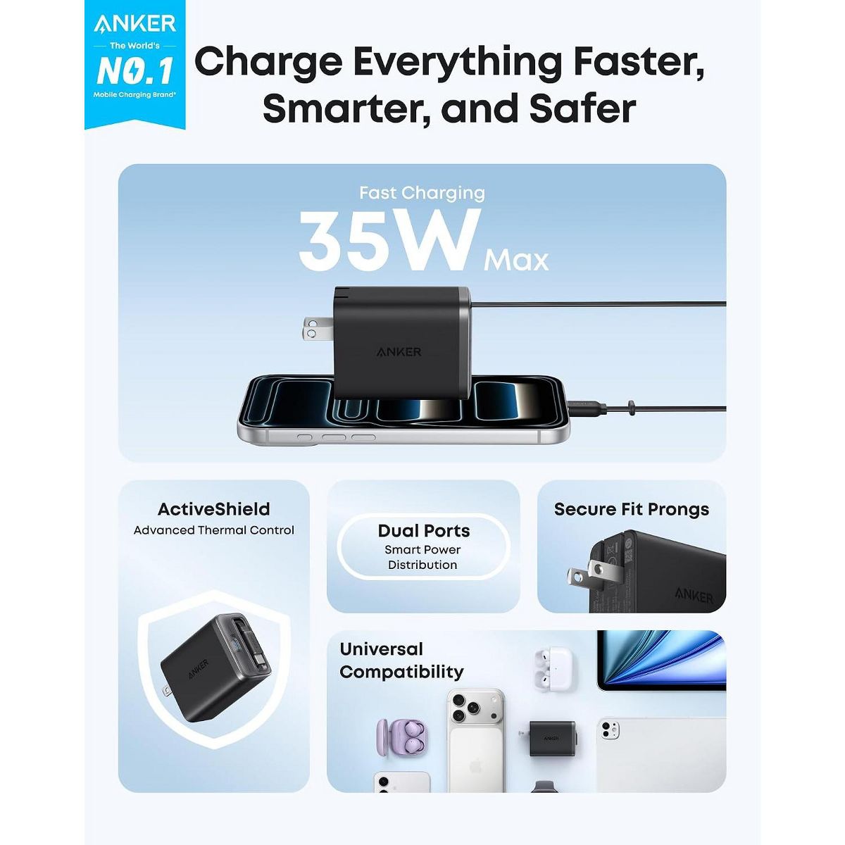 Anker Nano Retractable USB C Charger, Compact 35W 2-Port with Built-in InstaCord Retractable Cable, for iPhone 17/16/15, iPad (Black, Non-Battery) - thumbnail 2