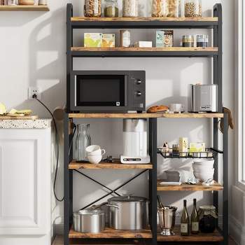 Bakers Rack with Power Outlet, Large Kitchen Baker Rack with Wire Basket, Microwave Stand with Storage Shelves, 6-Tier Utility Storage Shelf