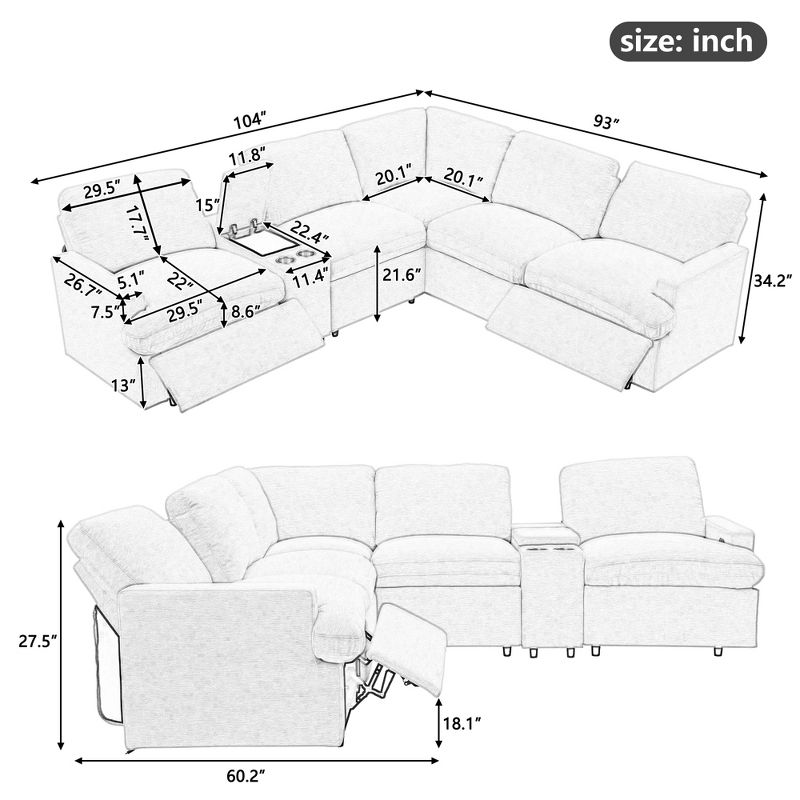 104'' Sectional Sofa Couch Set, Home Theater Power Recliner Couches with Storage Box, Cup Holders, USB Ports, and Power Socket-ModernLuxe, 3 of 14