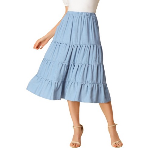 Allegra K Women's Midi Solid Elastic Waist Flare Tiered Long A-Line Skirt  with Pockets Blue Small