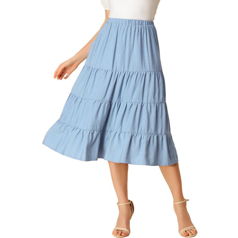Allegra K Women's Midi Solid Elastic Waist Flare Tiered A-Line Skirt with Pockets, 1 of 7