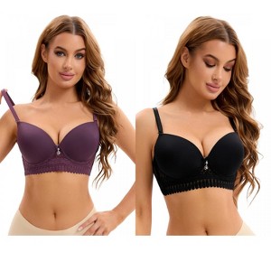 INSPIRE CHIC 2 Pcs Women's Lace Trim Underwire Adjustable Straps Plus Cup Size Push Up Bras - 1 of 4