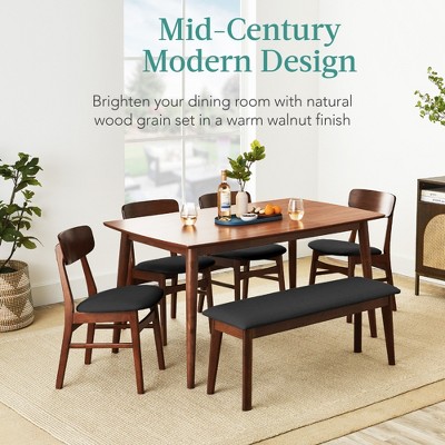 6-Piece Walnut and Charcoal Mid-Century Modern Dining Set with Bench