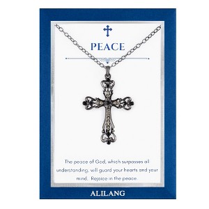 Anna-Kaci Black & Silver Gunmetal Crystal Cross Necklace with Religious Message Card & Envelope Jewelry Gift - 1 of 4