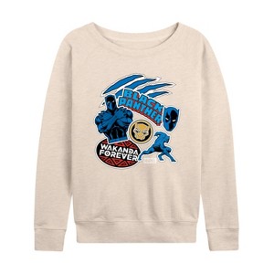 Women's - Marvel - Black Panther Wakanda Forever Sticker Lightweight French Terry Wide Neck Long Sleeve Shirt - 1 of 4