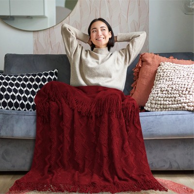 Wine Red Knitted Fleece Throw Blanket with Fringe