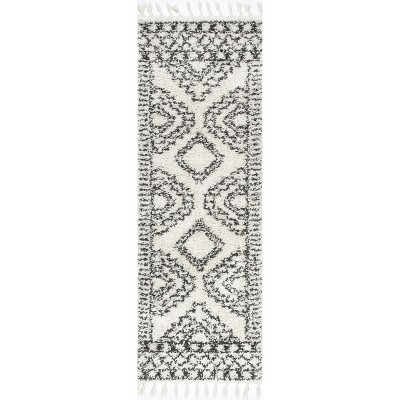 Vasiliki Moroccan Shag Tasseled Runner Rug, 2' 8" x 8', Off-White