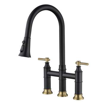 SUMERAIN Bridge Kitchen Sink Faucet with Pull Down Sprayer, 8 Inch Centerset Black and Gold