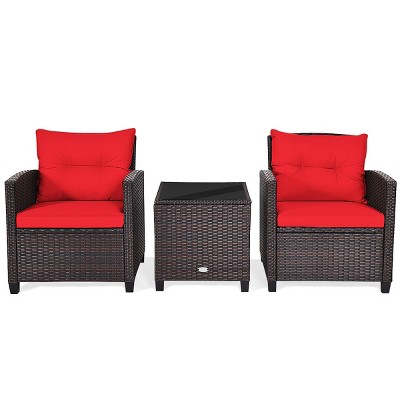 Tangkula 3PCS Wicker Cushioned Conversation Set Outdoor Rattan Furniture w/Beige/Red/Black/Navy/Off White/Turquoise  Cushions