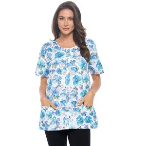 Casual Nights Women's Snap Front Smock Cobbler Woven Scrub Apron Top with Pockets - Blue Plaid - 3X-Large - 1 of 4